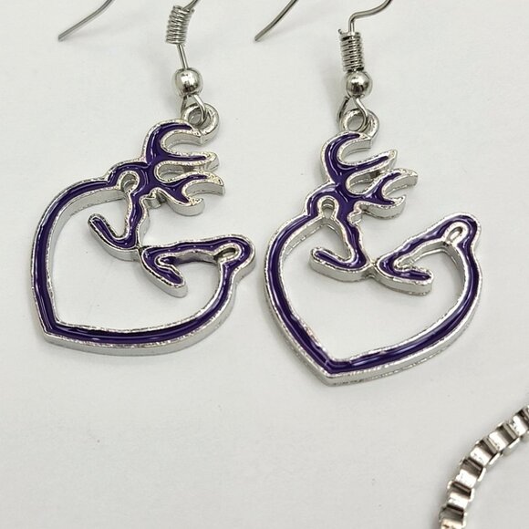 3/$20 Womens Necklace Drop Earrings Set Silver Plated Deer Pendant Purple Farm - Picture 7 of 10